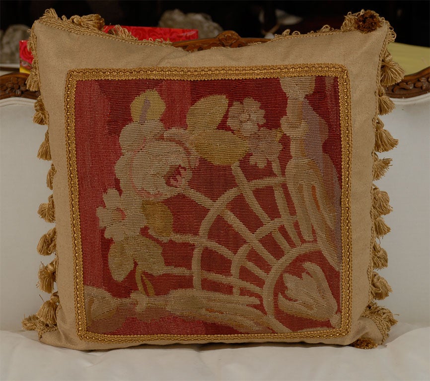 Pillows Made from 19th Century Antique French Aubusson 'Gold, Red, Beige' For Sale 2