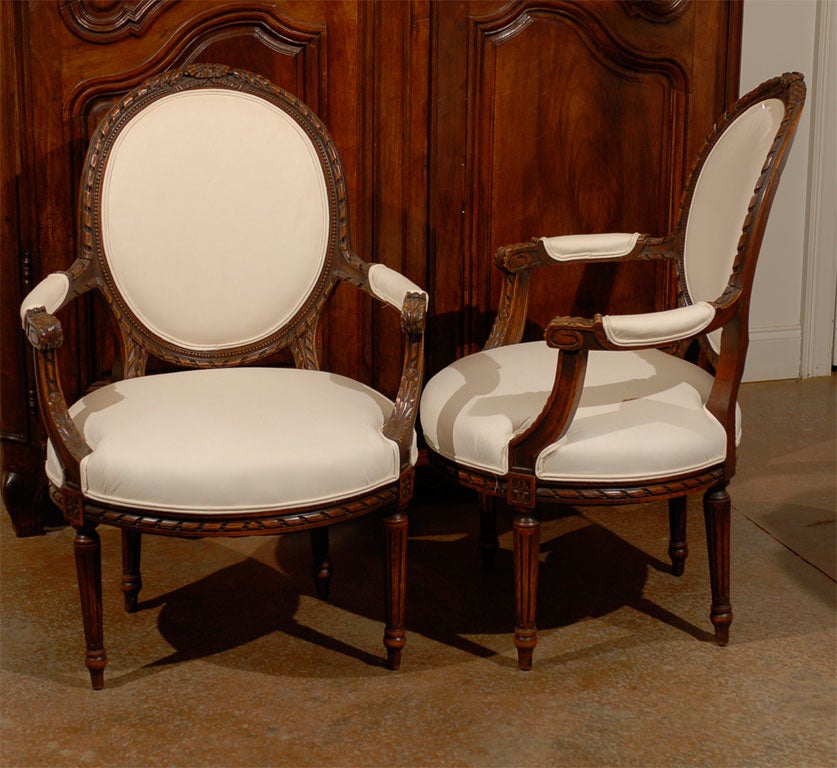 Pair of 19th Century French Louis XV Carved Walnut Fauteuil Side Chairs ...
