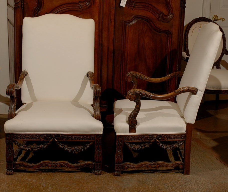 19th Century Pair of French Louis XIV Style Walnut Tall Back Upholstered Fauteuils, 1860s
