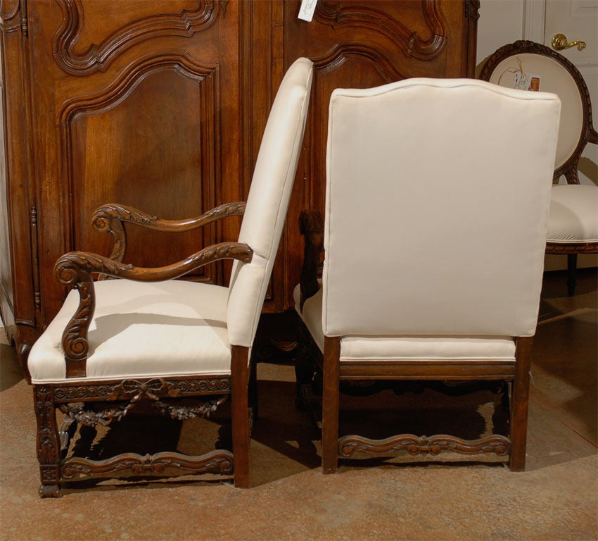 Pair of French Louis XIV Style Walnut Tall Back Upholstered Fauteuils, 1860s 1