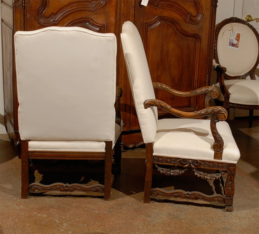 Pair of French Louis XIV Style Walnut Tall Back Upholstered Fauteuils, 1860s 2