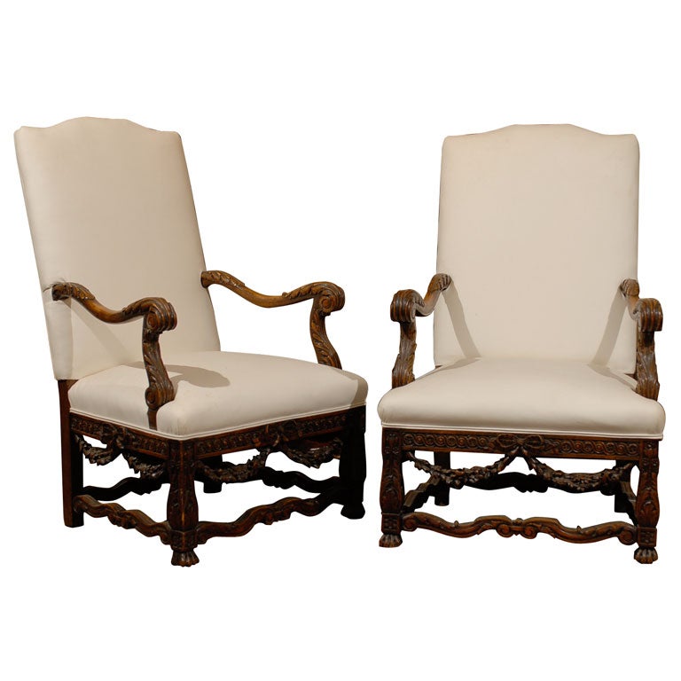 Pair of French Louis XIV Style Walnut Tall Back Upholstered Fauteuils, 1860s