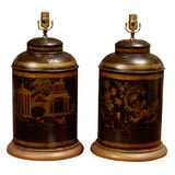 PAIR OF 19thC TOLE TEA TINS AS LAMPS