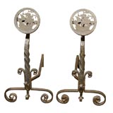 PAIR OF EARLY 20thC IRON ANDIRONS WITH SAILING SHIP FINIALS