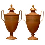 PAIR OF OLD FRENCH TOLE PERSIMMON URNS WITH GILT DETAIL