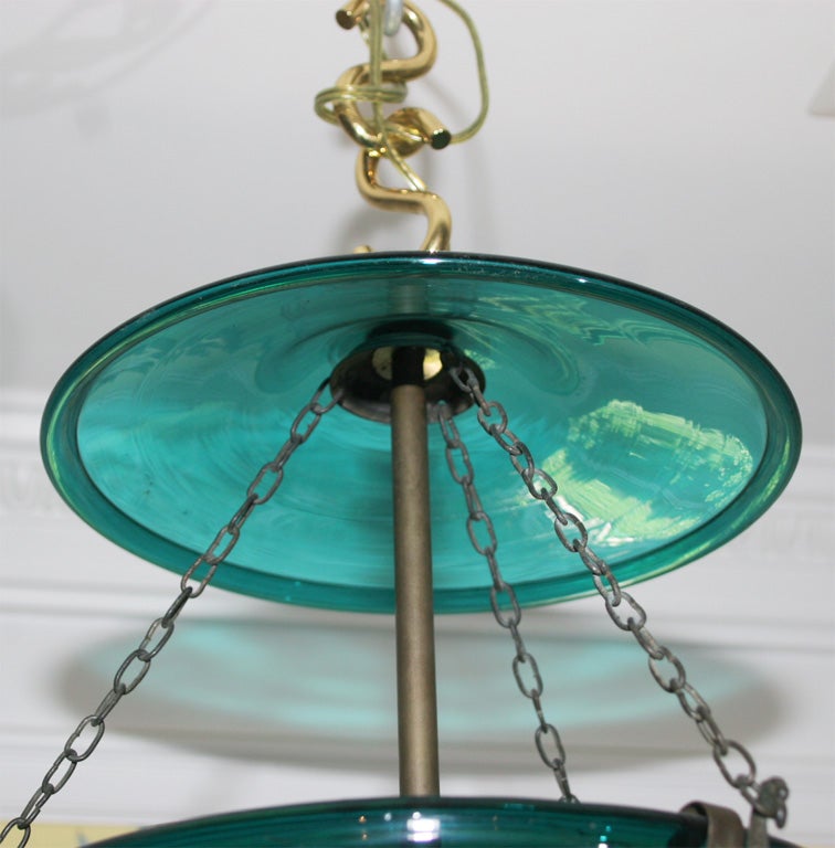 Fine 19th century etched blue-green glass bell lantern, English for the Indian market, now electrified.