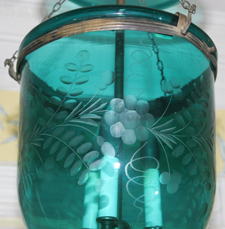 Fine Antique  Etched Green Glass Lantern, now Electrified, 19th Century In Excellent Condition In New York, NY