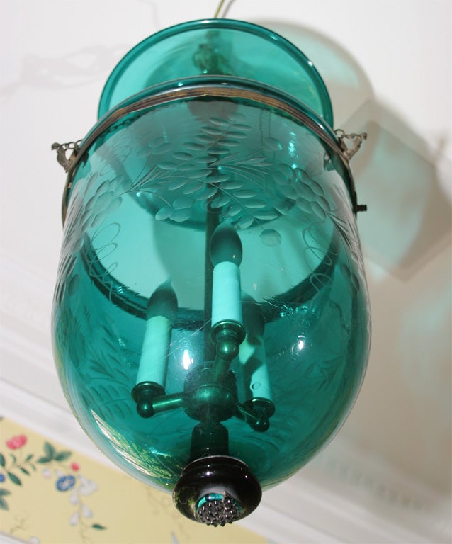 Blown Glass Fine Antique  Etched Green Glass Lantern, now Electrified, 19th Century