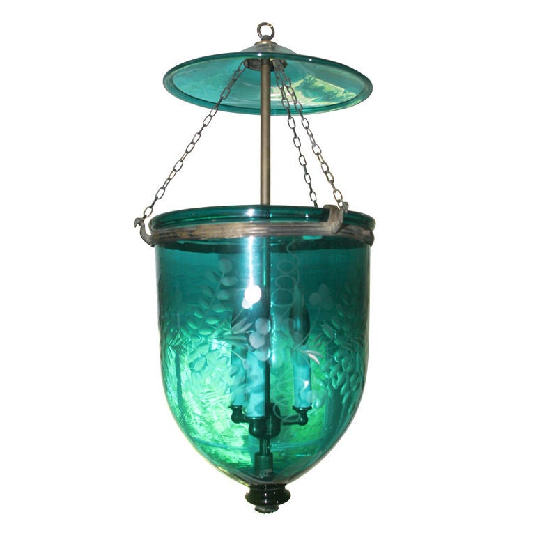 Fine Antique  Etched Green Glass Lantern, now Electrified, 19th Century