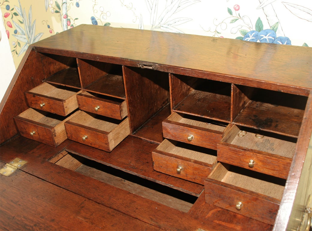 British George II Period Oak Slant Front Desk with Walnut Inlays. English, circa 1740 For Sale