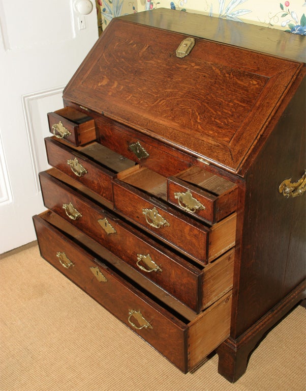 Carved George II Period Oak Slant Front Desk with Walnut Inlays. English, circa 1740 For Sale