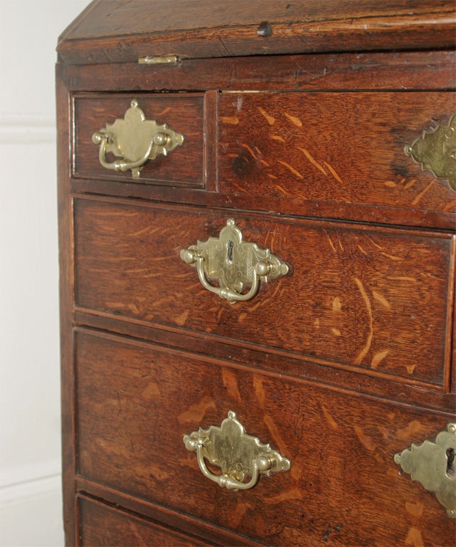 Brass George II Period Oak Slant Front Desk with Walnut Inlays. English, circa 1740 For Sale