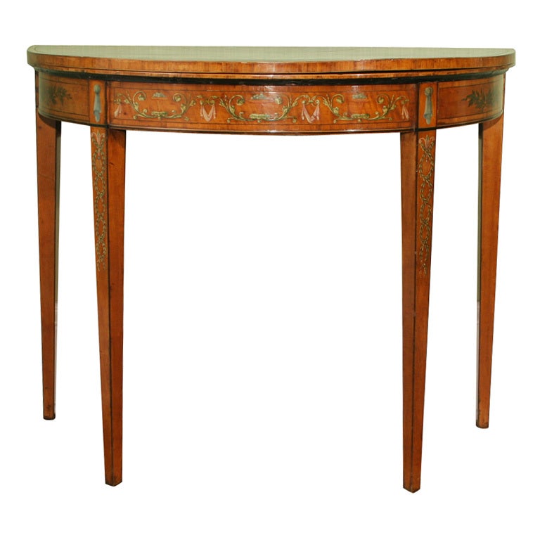 Sheraton Period Painted Satinwood Demilune Card Table. English, Circa 1780 For Sale