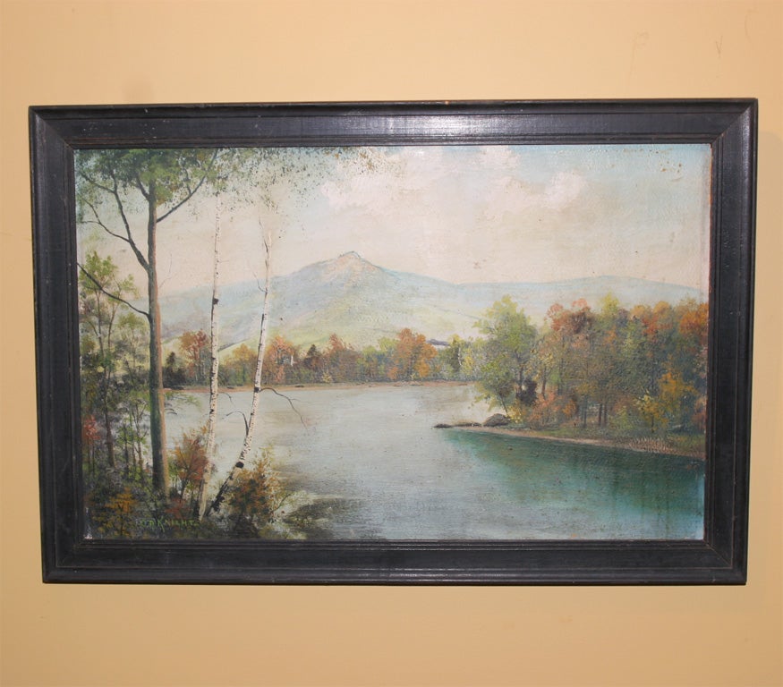 Oil painting of Mount Chocorua and Lake Chocorua, New Hampshire.  Signed C.A. Knight.  View of the White Mountains, a picturesque area in New England, still visited by travelers year round.