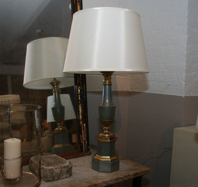 Toile and bronze lamp, with silk shade