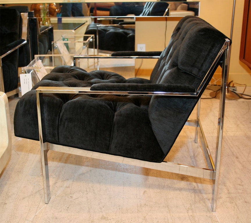 Chrome Pair of Custom Tufted Lounge Chairs by Cy Mann For Sale