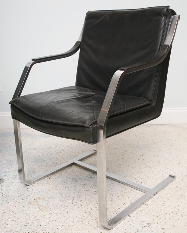 Set of Six Steel and Black Leather Armchairs by Maison Jansen In Excellent Condition In Hollywood, FL