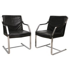 Set of Six Steel and Black Leather Armchairs by Maison Jansen