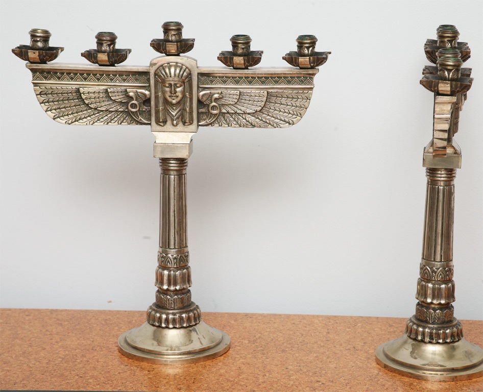 Fine Pair of Art Deco Silvered Bronze Five-Light Candelabra 2