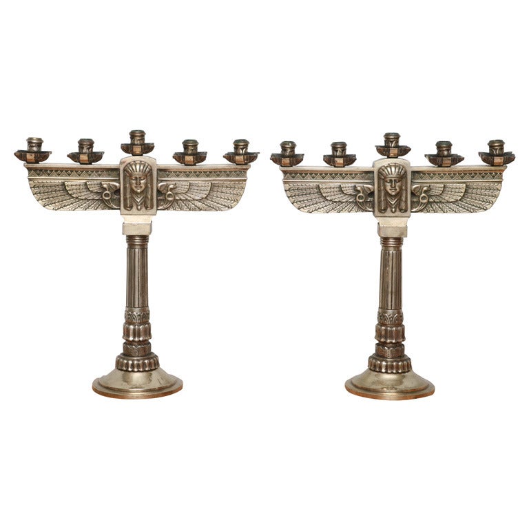Fine Pair of Art Deco Silvered Bronze Five-Light Candelabra