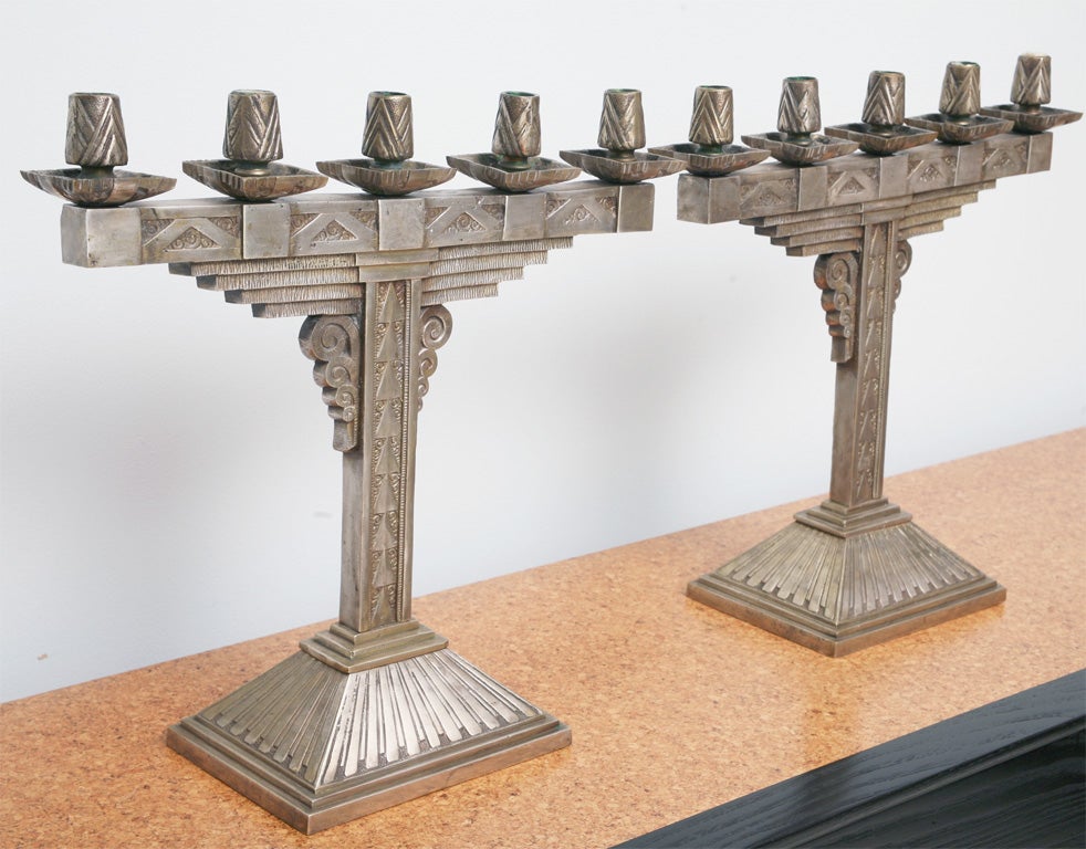 Pair of Art Deco Silvered Bronze Five-Light Candelabra