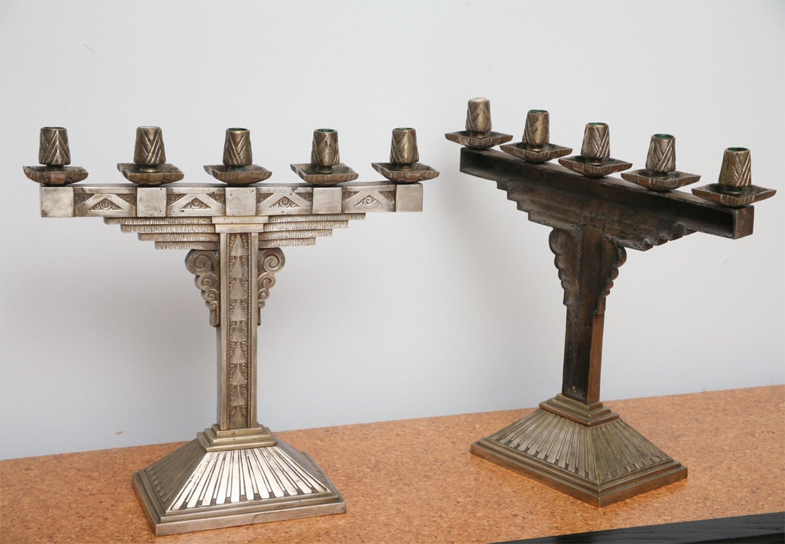 Pair of Art Deco Silvered Bronze Five-Light Candelabra 1