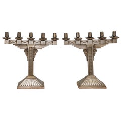 Pair of Art Deco Silvered Bronze Five-Light Candelabra