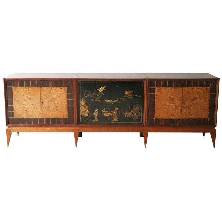 Superb Italian Six-Door Mixed Wood and Chinoiserie Buffet