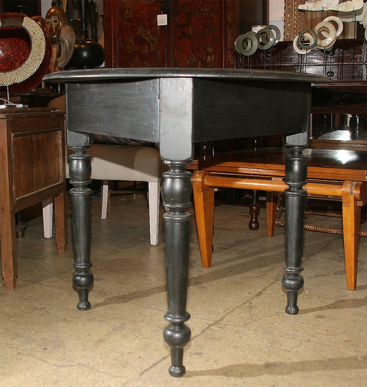 Half Moon Table, painted gray/green, on three legs. Highly attractive with a simple style and unique shape.