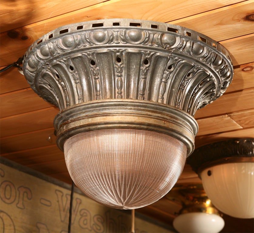 Large Tin Ceiling Fixture with Holophane Glass