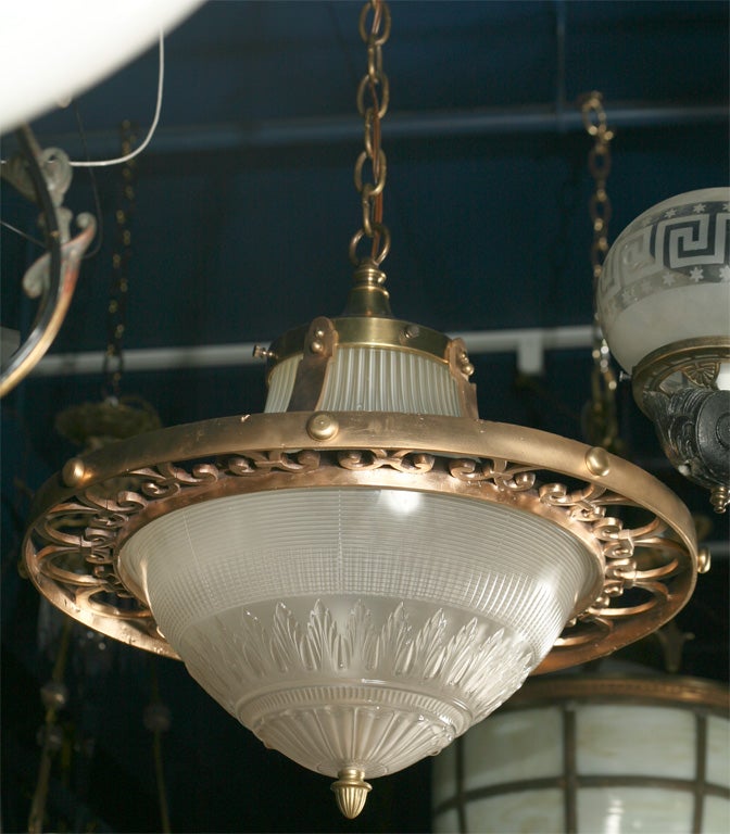 Large Two Piece Holophane Glass Shade with Bronze Frame