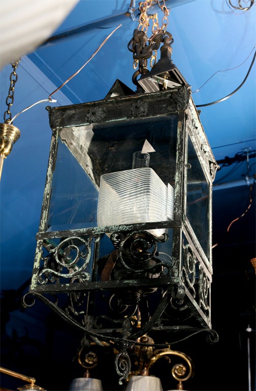 Large Early Kerosene Lantern with Vaseline Glass