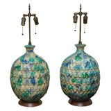 Pair of Mottled Blue and White Ceramic Lamps