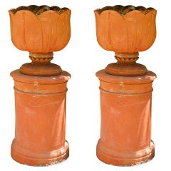 Antique A Pair of Large English Terra Cotta Pots with Stands, Circa 1820