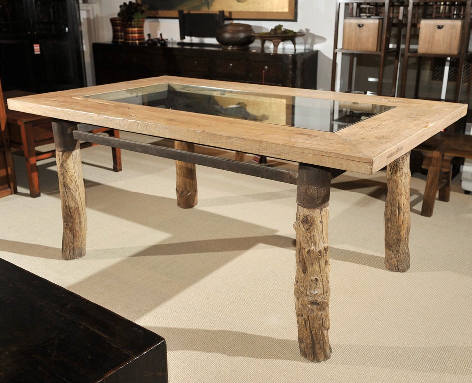 Chinese Burl Wood Glass Top Dining Table