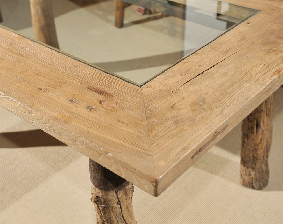 Contemporary Burl Wood Glass Top Dining Table