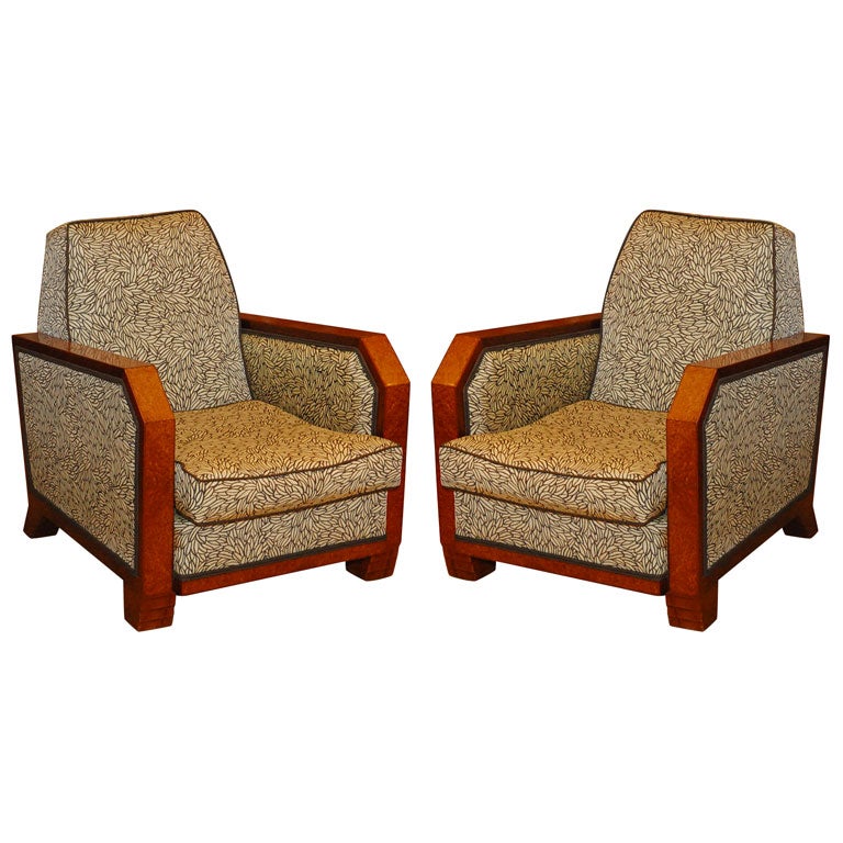 Burl Wood Pair of Armchairs, Attributed to Dominique