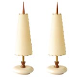 2 Mid Century Lamps  with White Wood Base and Original Shades