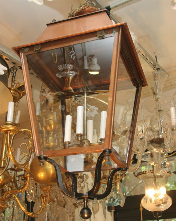 iron with copper finish large hall lanterns.Sold and priced individually.