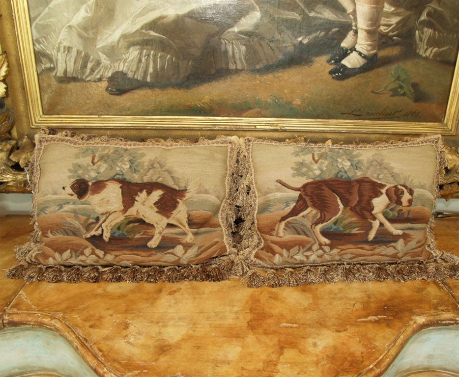 PAIR  of Aubusson Pillows of hunting dogs with decorative trim