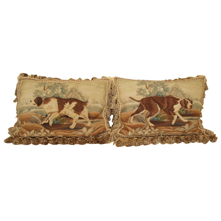 PAIR   of Aubusson Pillows of hunting dogs