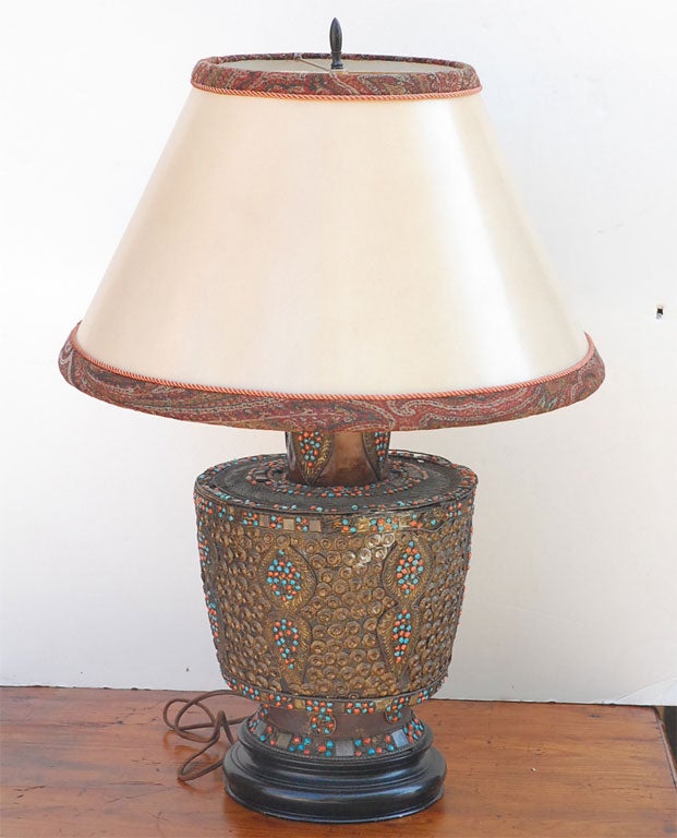 Antique  oriental tole lamp with cuustomed parchmin shade