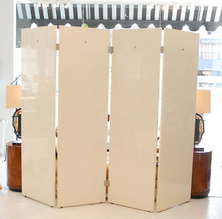 Large Four Panel Lacquered Folding Screen with Chrome Detail