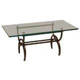 Patinated Bronze Cocktail Table with Glass Slab Top