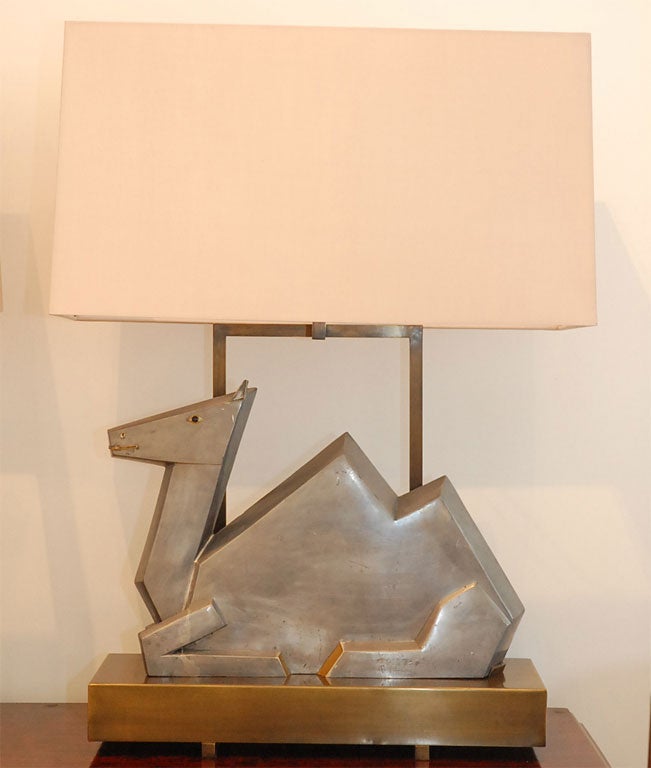 American Pair of Custom Designed Table Lamps with Pewter and Brass Camels