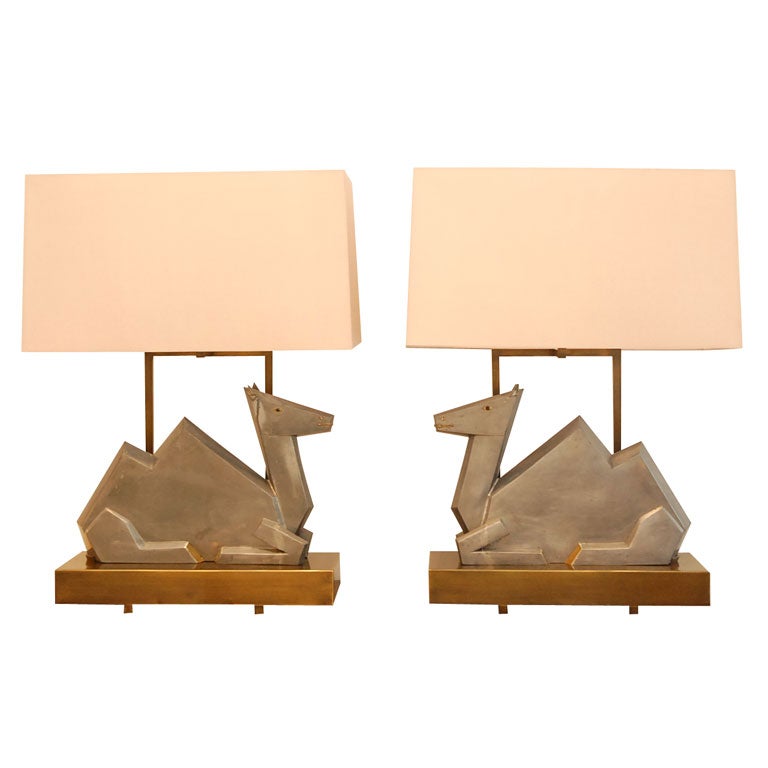 Pair of Custom Designed Table Lamps with Pewter and Brass Camels