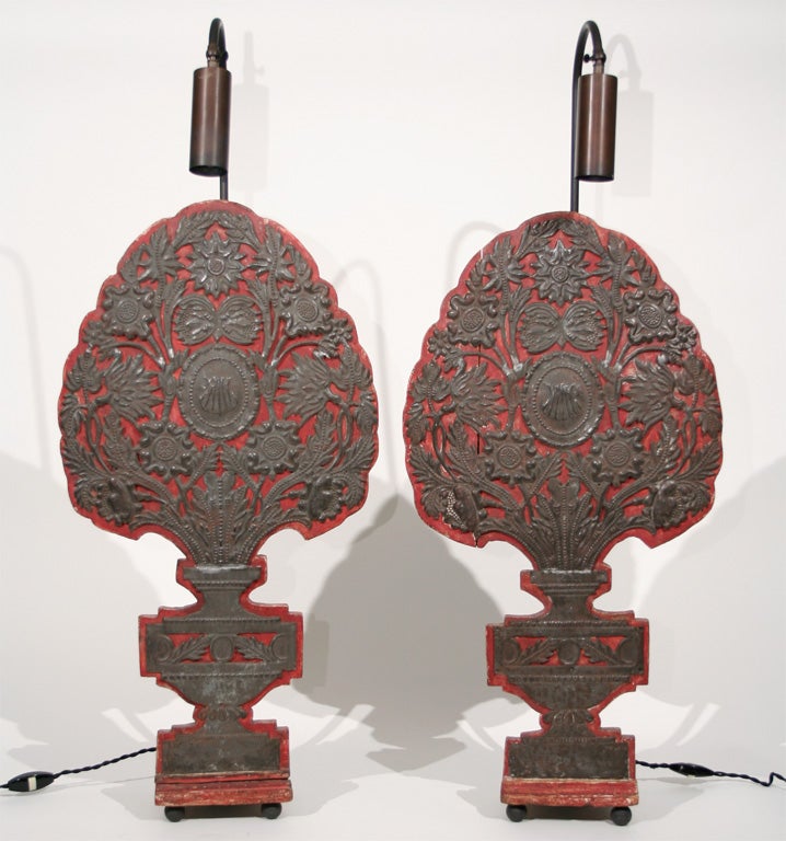 A Pair of 18th Century Red-Painted Wood and Brass Processional Panels Featuring Scrolling Floral Details, Later Mounted as Table Lamps