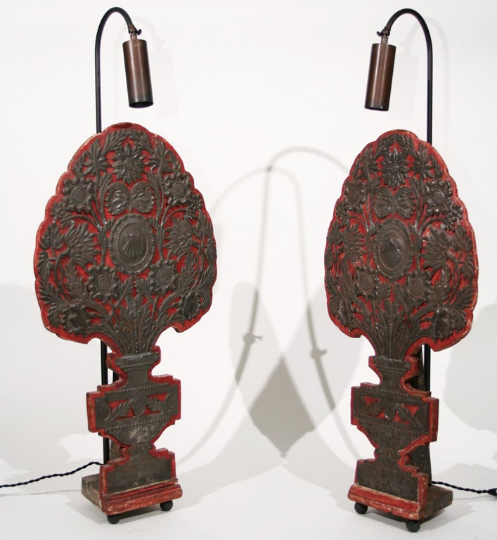 French A Pair of 18th Century Processional Panels Mounted as Lamps