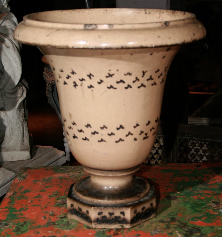 19th Century Unusual pair of English blue decorated stoneware urns For Sale