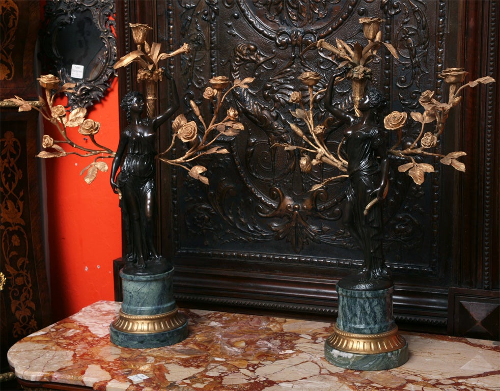 Pair of Bronze & Marble Candleabras